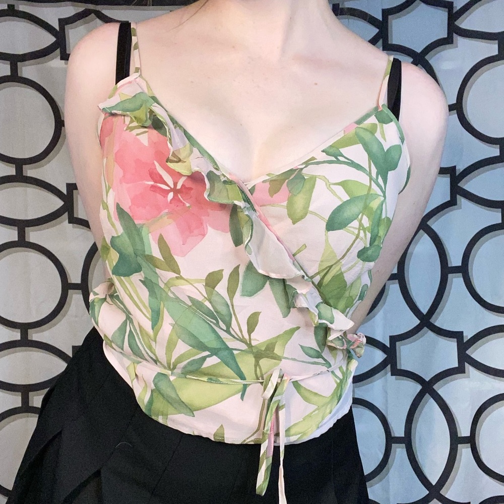 Ann Taylor wrap around pink and green tank top